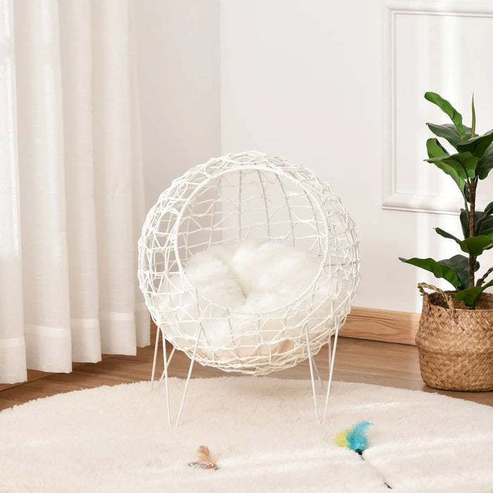 Panier de chat en rotin, lit de chat avec oreiller accrue design lit pour animaux de compagnie crème blanc Ø45x57hcm