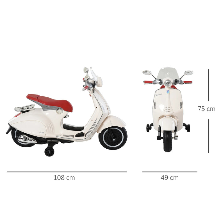 Vespa Children's Motorcycle, Motorcycle électrique avec éclairage de musique MP3, 3-6 ans, PP, blanc, 108x49x75cm