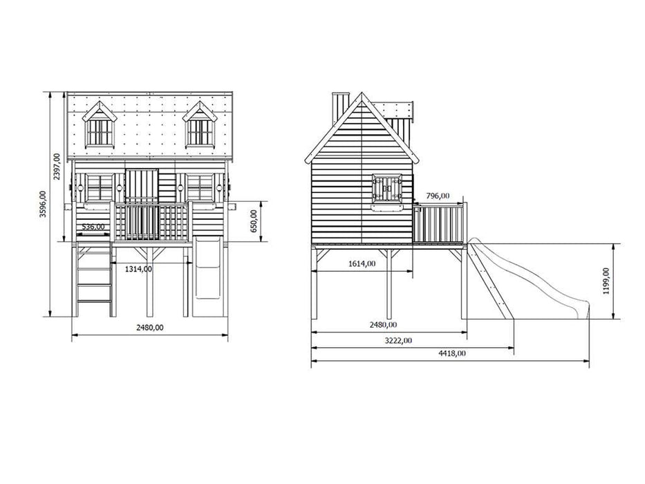 Playhouse with Slide, Game Tower, Stelzenhaus 'Espagne', 248x32x359cm (BXTXH)