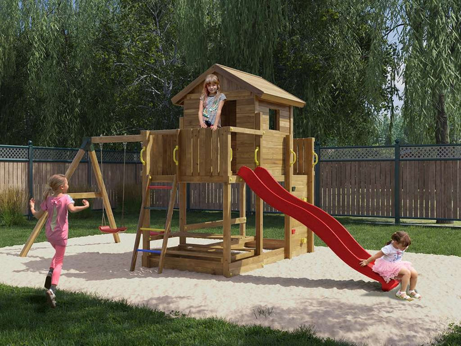 Stelzenhaus 'SATURN' kesseldruckimprägniert inkl. Rutsche Rot, 558x301x280cm (BxTxH)