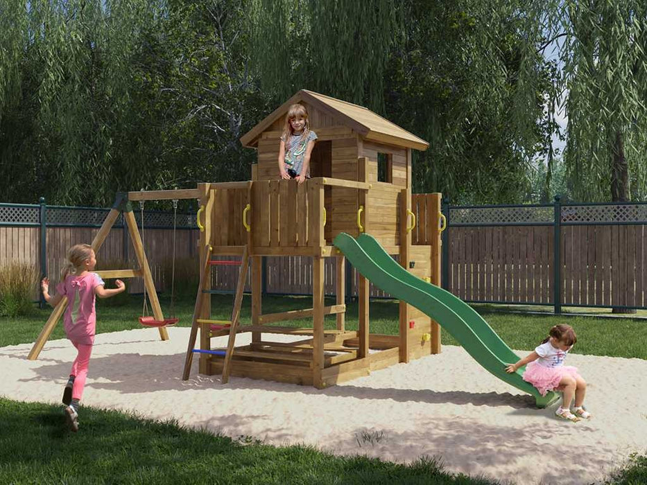 Palafitta 'SATURN' impregnata a pressione con scivolo verde, 558x301x280cm (LxPxA)