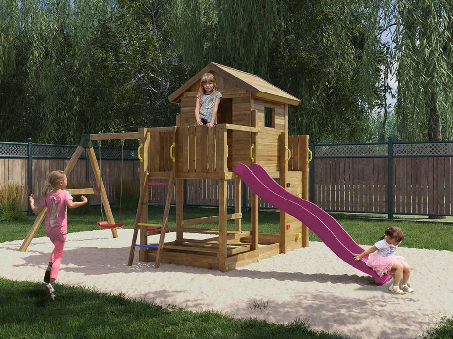 Palafitta 'SATURN' impregnata a pressione con scivolo rosa, 558x301x280cm (LxPxA)