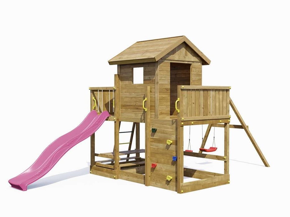 Palafitta 'SATURN' impregnata a pressione con scivolo rosa, 558x301x280cm (LxPxA)