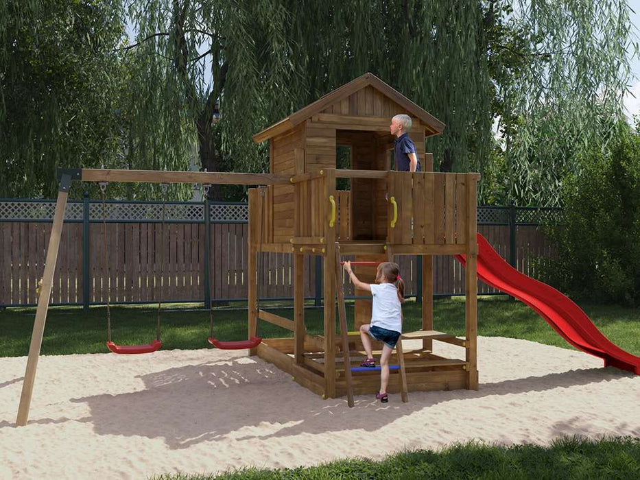 Stelzenhaus 'SATURN' kesseldruckimprägniert inkl. Rutsche Rot, 558x301x280cm (BxTxH)