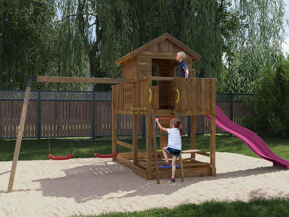 Palafitta 'SATURN' impregnata a pressione con scivolo rosa, 558x301x280cm (LxPxA)