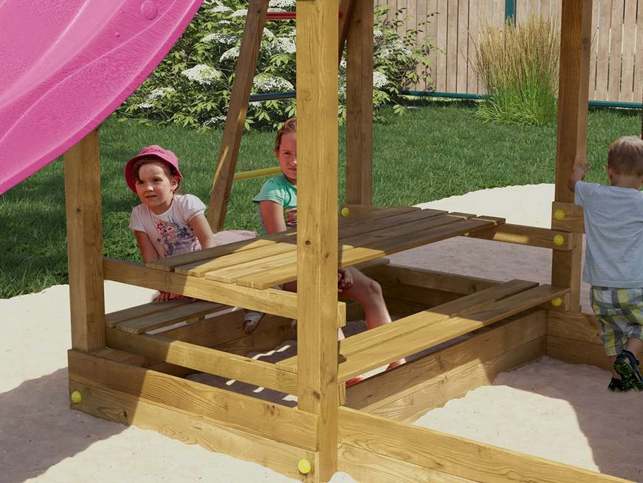 Palafitta 'SATURN' impregnata a pressione con scivolo rosa, 558x301x280cm (LxPxA)