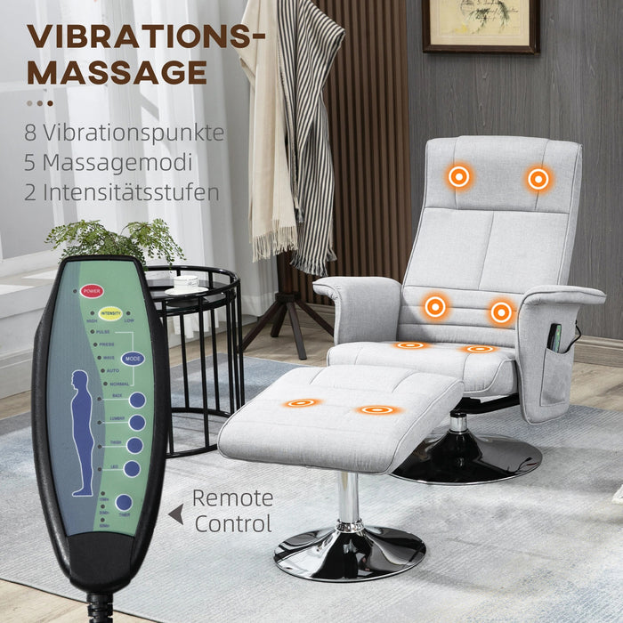 Chaise de massage avec ottoman, 8 têtes de vibration, fonction d'inclinaison, gris clair