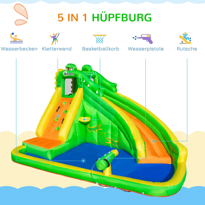 Aufblasbare Hüpfburg mit Gebläse Wasserrutsche Spielpool Aufblasbare Wasserspielcenter mit Rutsche Wasserpark aufblasbar Planschbecken ab 3 Jahre, 380x285x225cm