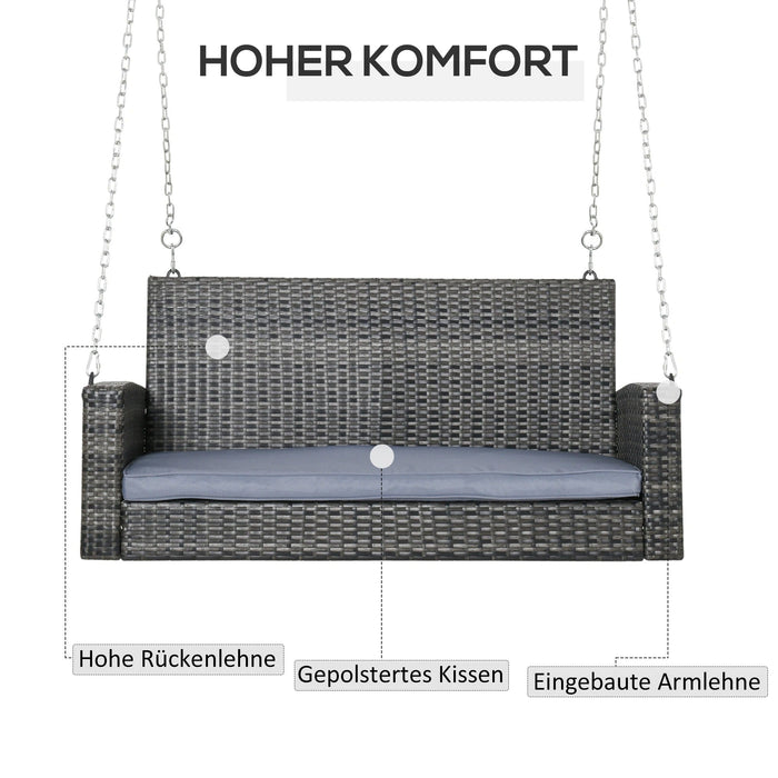 Hängebank 2-Sitzer Rattan Gartenschaukel mit Sitzkissen Hängeschaukel Hollywoodschaukel Schaukelbank Gartenbank Grau, 127x65x60cm