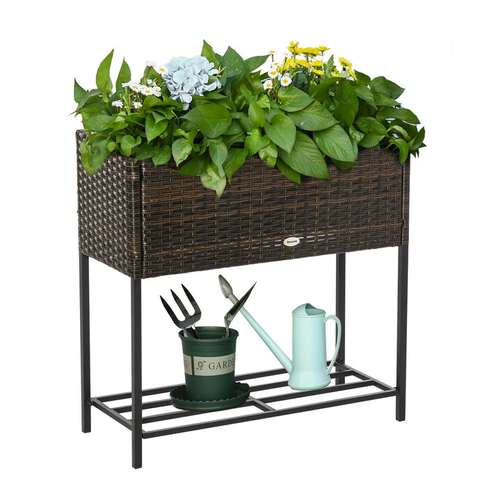 Poly Rattan Hochbeet Blumenkasten mit Füssen Blumentopf mit Ablage Braun, 70x30x70cm