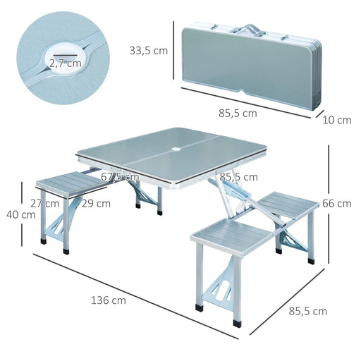 Alu Campingtisch Klapptisch Picknick-Koffer-Sitzgruppe mit 4 Sitzen Silber Alu, 136x85,5x66cm