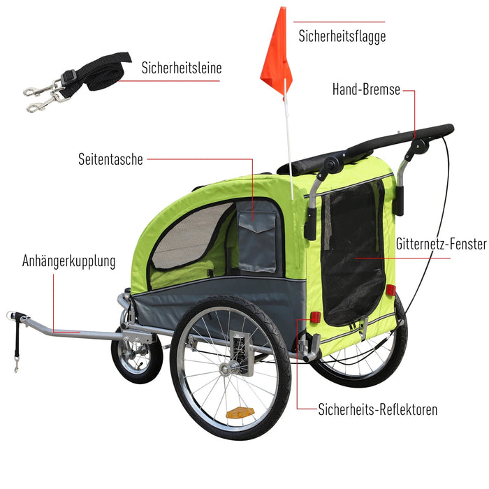 Dog trailer sliding function rain protection reflectors green, 155x83x108cm