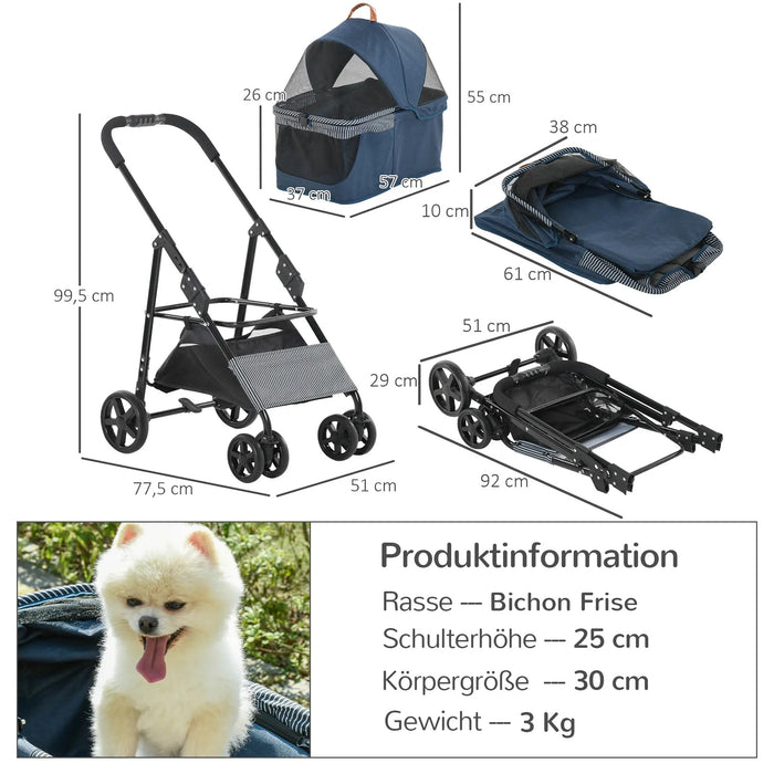 Chien buggy chien chien amovible sac de transport amovible 2 en 1 bleu foncé pliable, 77,5x51x99.5 cm