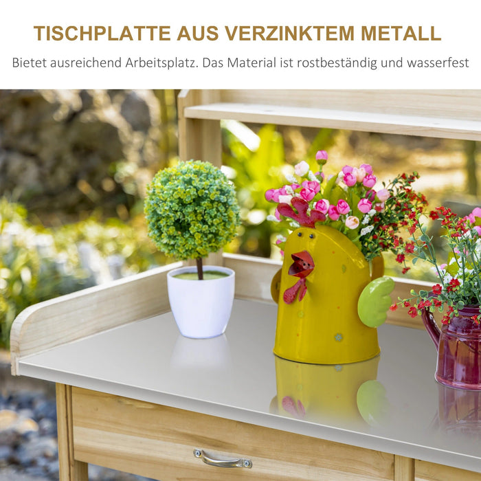 Pflanztisch mit verzinkter Arbeitsplatte Gärtnertisch mit Schublade Schrank Garten Arbeitstisch Massivholz Natur, 112x48x125cm