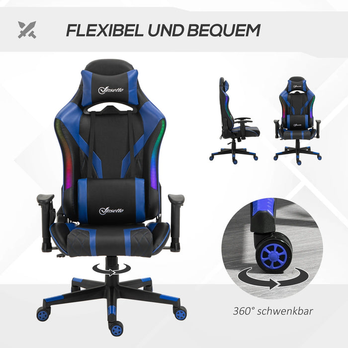 Bürostuhl LED Gaming-Stuhl mit Armlehne ergonomisch mit Liegefunktion Kunstleder Schwarz + Blau, 70x57,5x126-136cm