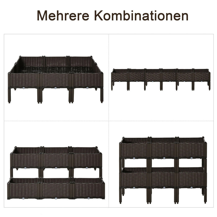 Hochbeet 6-teiliger Pflanzkasten mit Abflusslöchern Rattan-Look Blumenkasten DIY Braun, 40x40x44cm