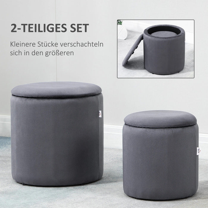 Hocker Zweier-Set Ottomane mit Stauraum weiche Polsterung Cordoptik, Grau, 40x40x41cm