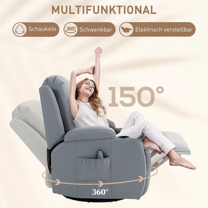 Chaise de massage avec rocker, fonction allongée et chaleur, minuterie, 5 modes, rotatif, gris clair