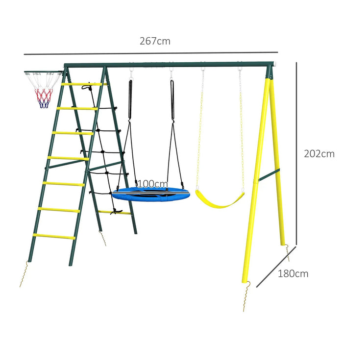 Kinderschaukel-Set, 4 in 1 Schaukelgerüst Schaukelgestell mit 2 Schaukeln, Basketballkorb, Kletterleiter, Gartenschaukel für 3-8 Jahre Kinder, Stahl, Gelb