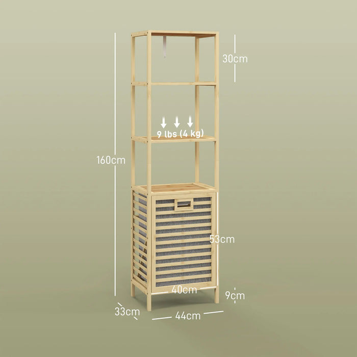 Scaffale per bagno, con collezionista di lavanderia, 3 pavimenti sugli scaffali, telaio di bambù, 44x33x160cm, natura