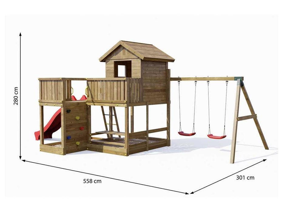 Palafitta 'NEPTUN' impregnata a pressione con scivolo rosso, 558x301x280cm (LxPxA)