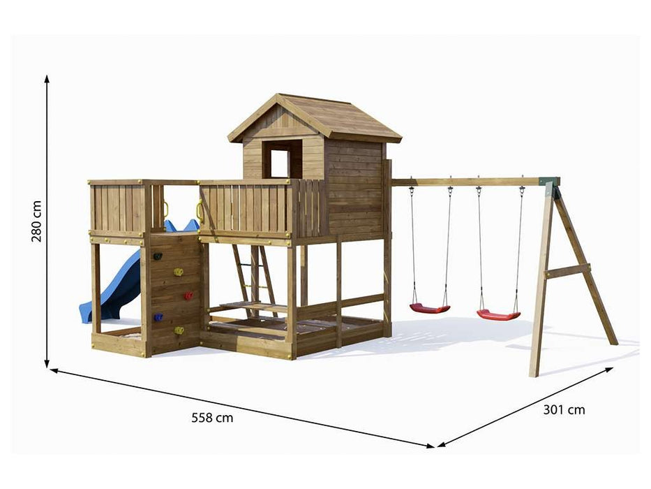 Palafitta 'NEPTUN' impregnata a pressione con scivolo blu, 558x301x280cm (LxPxA)