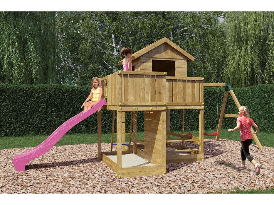 Palafitta 'NEPTUN' impregnata a pressione con scivolo rosa, 558x301x280cm (LxPxA)