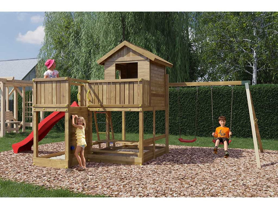 Palafitta 'NEPTUN' impregnata a pressione con scivolo rosso, 558x301x280cm (LxPxA)