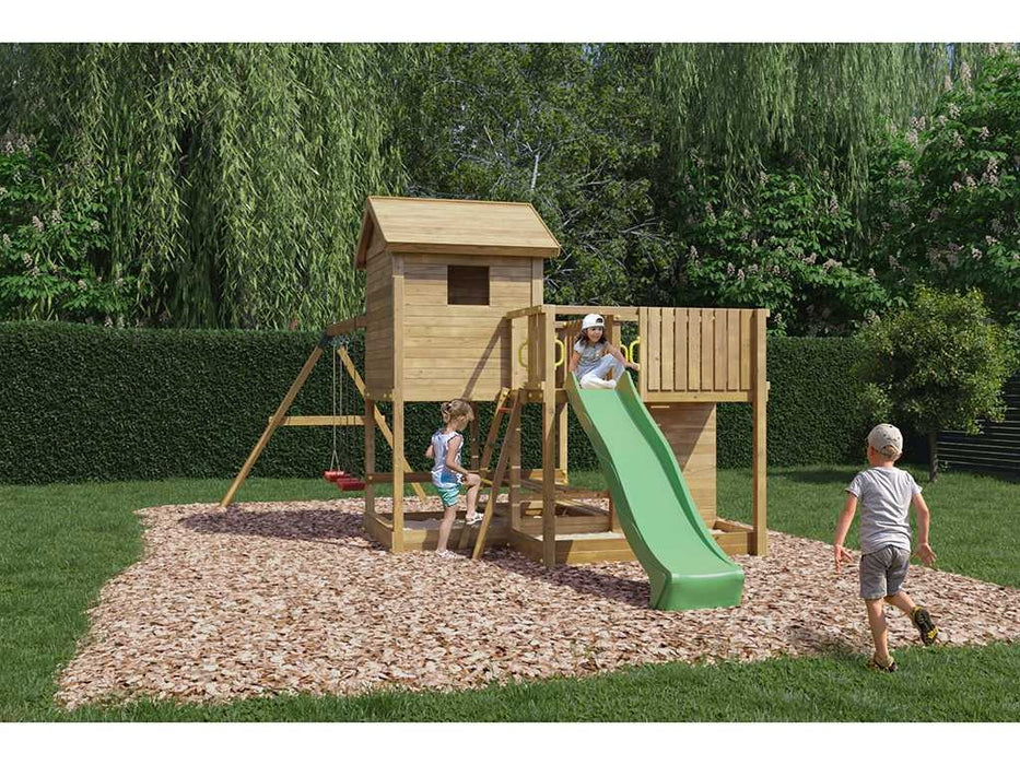 Palafitta 'NEPTUN' impregnata a pressione con scivolo verde, 558x301x280cm (LxPxA)