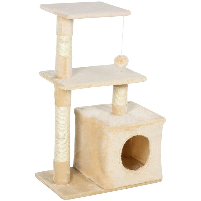 Cat Scratching Post avec un jouet de chat en peluche doux, beige de panneaux de puce, 50x30x81,5 cm