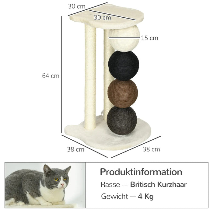 Cat Scratching Post, plate-forme, avec 2 poteaux de sisal et 4 balles Sisal, jouets, 38x38x64cm