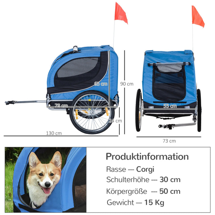 Remorque de vélo pour chiens avec un couplage universel bleu, 130x73x90cm