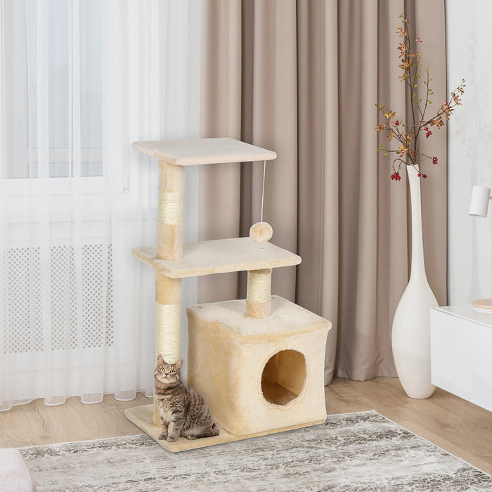 Cat Scratching Post avec un jouet de chat en peluche doux, beige de panneaux de puce, 50x30x81,5 cm