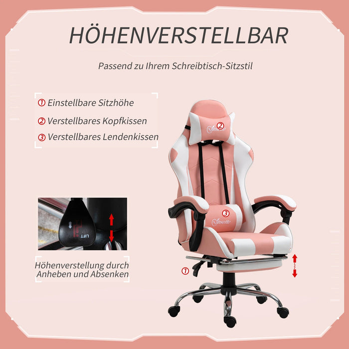 Gaming-Stuhl Computerstuhl mit Kopfstütze Bürostuhl höhenverstellbar 360°drehbar Kunstleder Rosa, 64x67x119-127cm