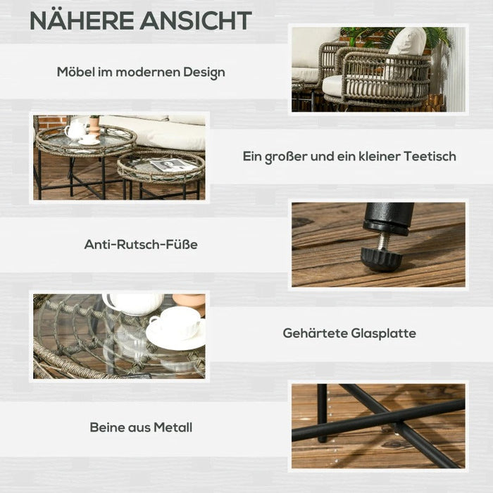 Gartenmöbel-Set für 4 Personen aus PE-Rattan, 2 Sessel, 1 Sofa, 2 Beistelltisch, Boho-Stil, Braun+Grau