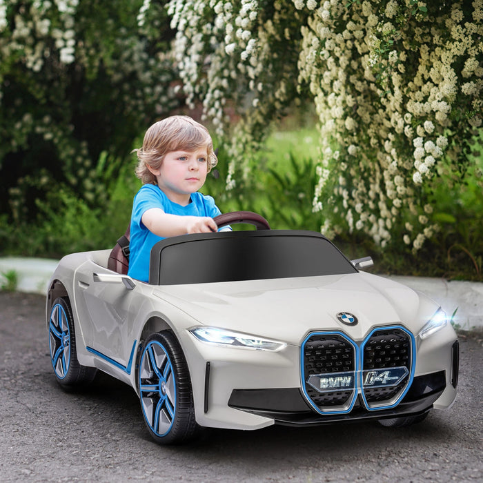 Voiture pour enfants, batterie rechargeable, 3-5 km / h, avec télécommande, joueur multimédia, blanc