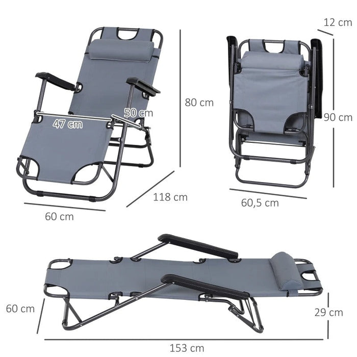 Sonnenliege mit Kissen, Klappbare Strandliege, 2-Stufige Gartenliege , 2-in-1 Relaxliege, Metall + Oxfordstoff, Grau, 118x60x80cm