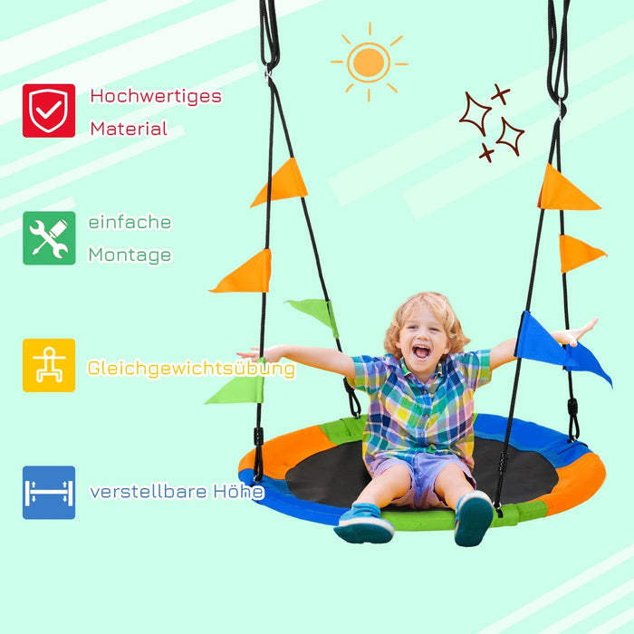 Nestschaukel Ø100 cm Tellerschaukel Kinderschaukel Gartenschaukel bis 80 kg Outdoor belastbar für 3+ Jahre Metall Polyester Blau+Grün+Orange