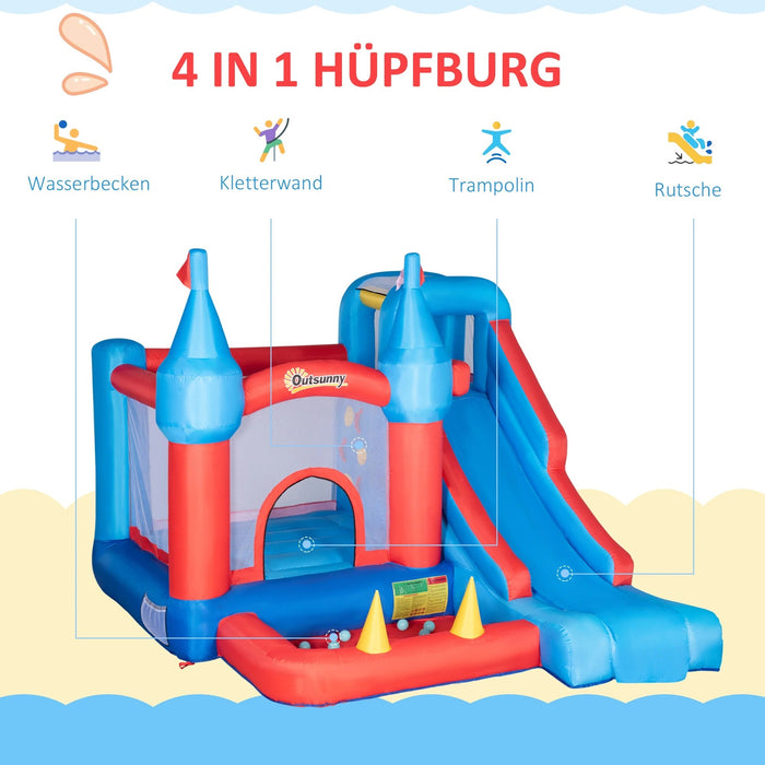 Aufblasbare Hüpfburg für 4 Kinder Wasserhüpfburg mit Gebläse Rutsche Pool Kletterwand Trampolin Tragetasche Garten für Kinder Outdoor Wasserrutsche Springburg 3-8 Jahren, 333x280x210cm