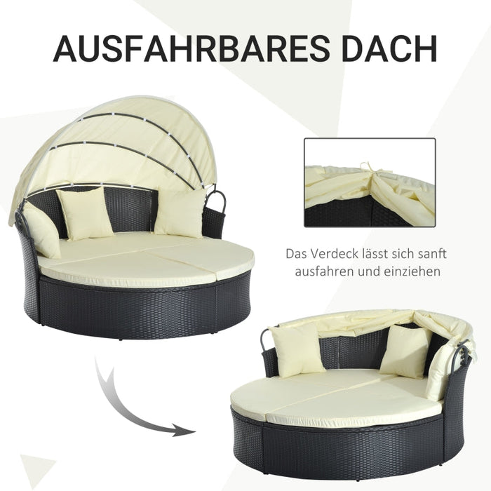 Sonneninsel, teilbar in 2 Sofas, verstellbarer Sonnenschutz, Rattanoptik, Creme, 1,7x1,8x1,5m