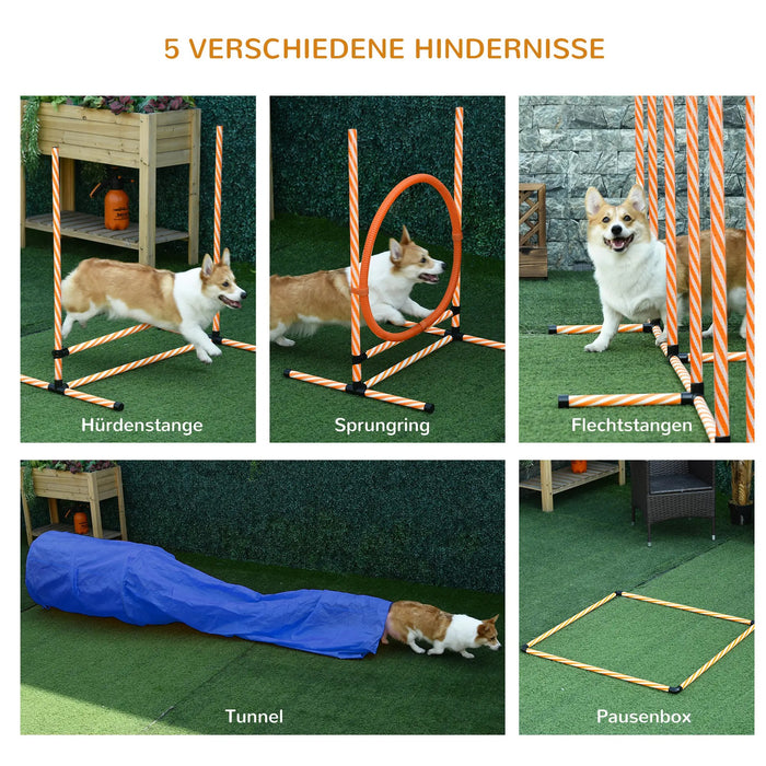 Hunde Agility-Set mit Sprungreif Tunnel Slalomstangen, 328x67x93cm