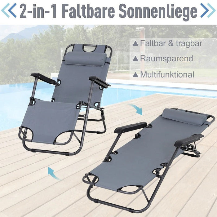 Sonnenliege mit Kissen, Klappbare Strandliege, 2-Stufige Gartenliege , 2-in-1 Relaxliege, Metall + Oxfordstoff, Grau, 118x60x80cm