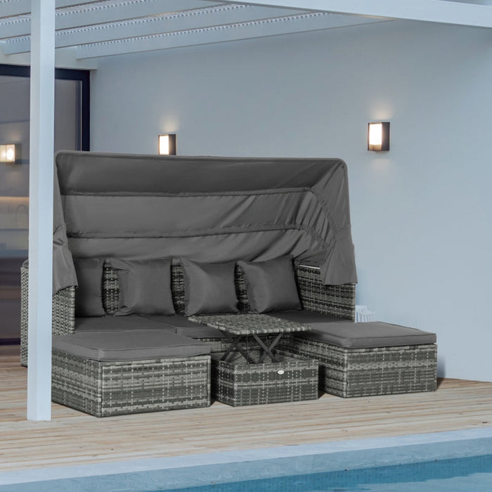 Poly Rattan Lounge Set Loungegruppe mit Sonnendach Faltdach Sitzgruppe Sonneninsel inkl. Kissen und Beistelltisch Gartenmöbel Outdoor Grau