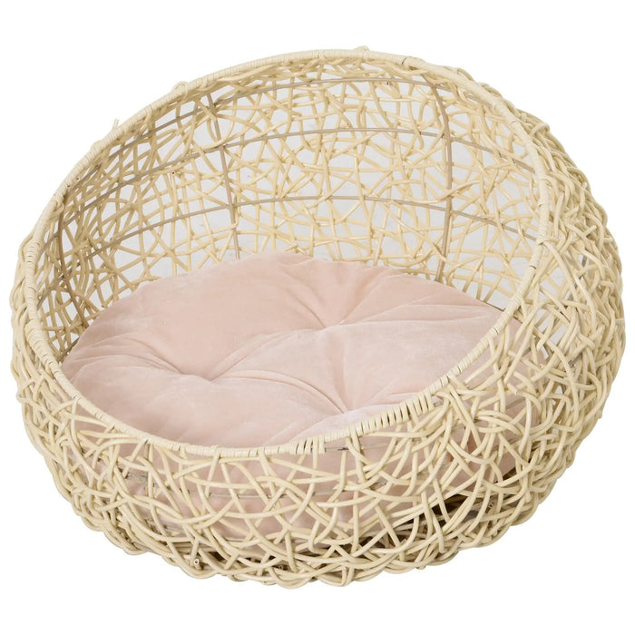 Cat bed made of rattan with pillow, animal bed for cats dogs, beige Ø56x35cm