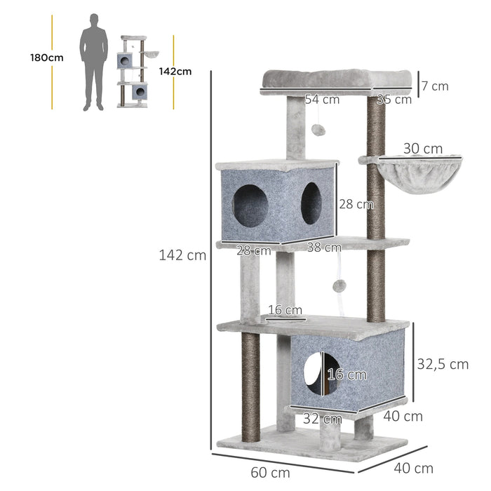 Scratching post, two houses, two platforms, play ball, lying basket, tilt protection, gray, 60x40x142cm