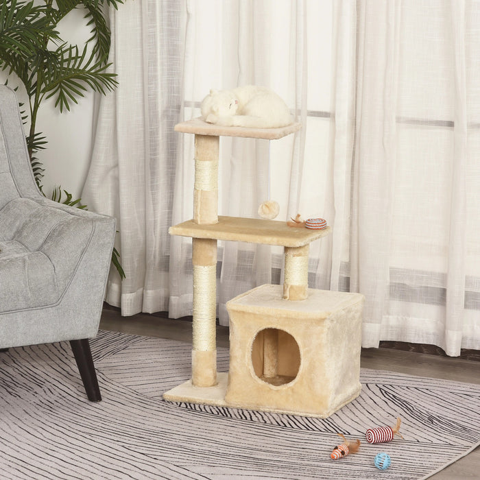 Cat Scratching Post avec un jouet de chat en peluche doux, beige de panneaux de puce, 50x30x81,5 cm