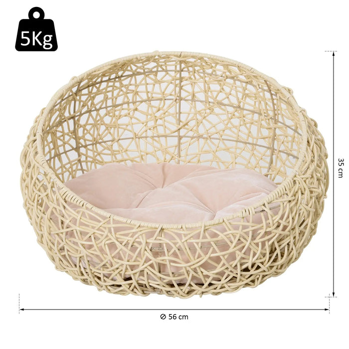 Cat bed made of rattan with pillow, animal bed for cats dogs, beige Ø56x35cm