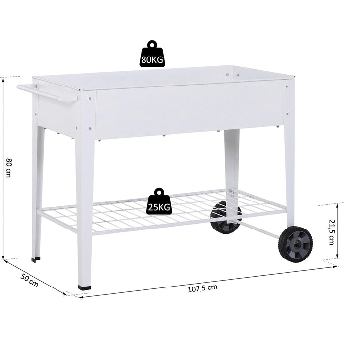 Hochbeet, Mobiler Pflanzenwagen mit Stauraum, Pflanzenbeet mit 2 Rollen, Metall, Weiß, 112x59x80cm