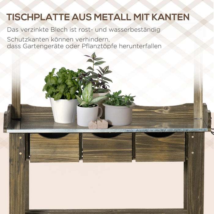 Pflanztisch Gärtnertisch aus Holz mit 3 Schubladen Haken verzinkte Metall Arbeitsfläche für Garten Terrasse Verkohlt, 78x38x112cm