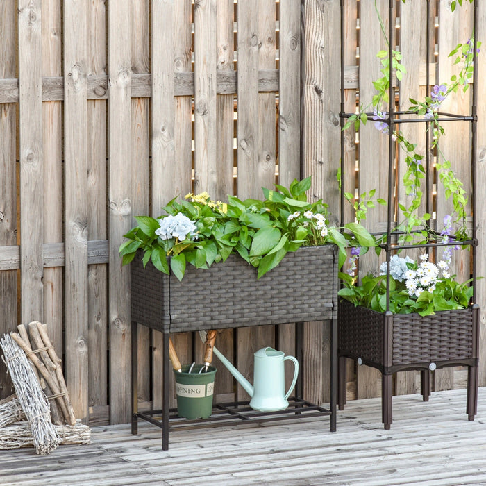 Poly Rattan Hochbeet Blumenkasten mit Füßen Blumentopf mit Ablage Mischbraun, 70x30x70cm